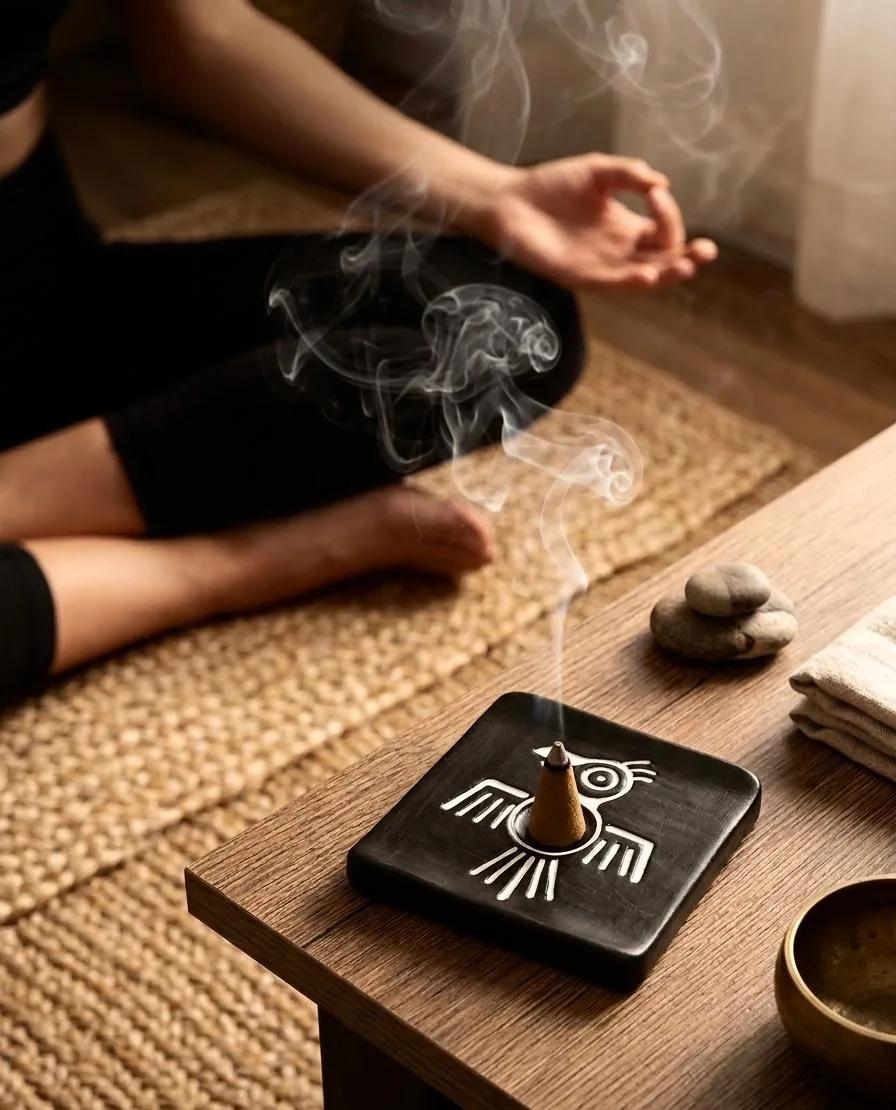Munay Condor incense cone burner with a burning cone beside a person meditating