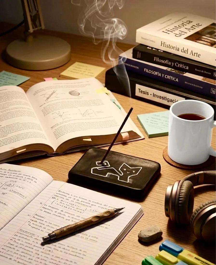 Munay Puma incense holder with burning incense on a study desk